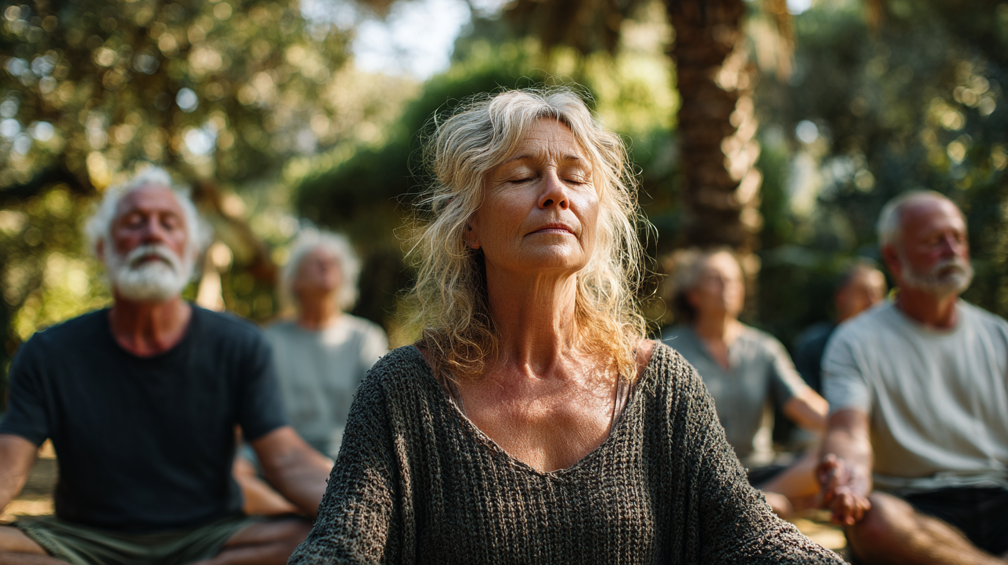 Grupă de seniori practicând yoga în natură, demonstrând flexibilitatea și echilibrul în vârsta de aur