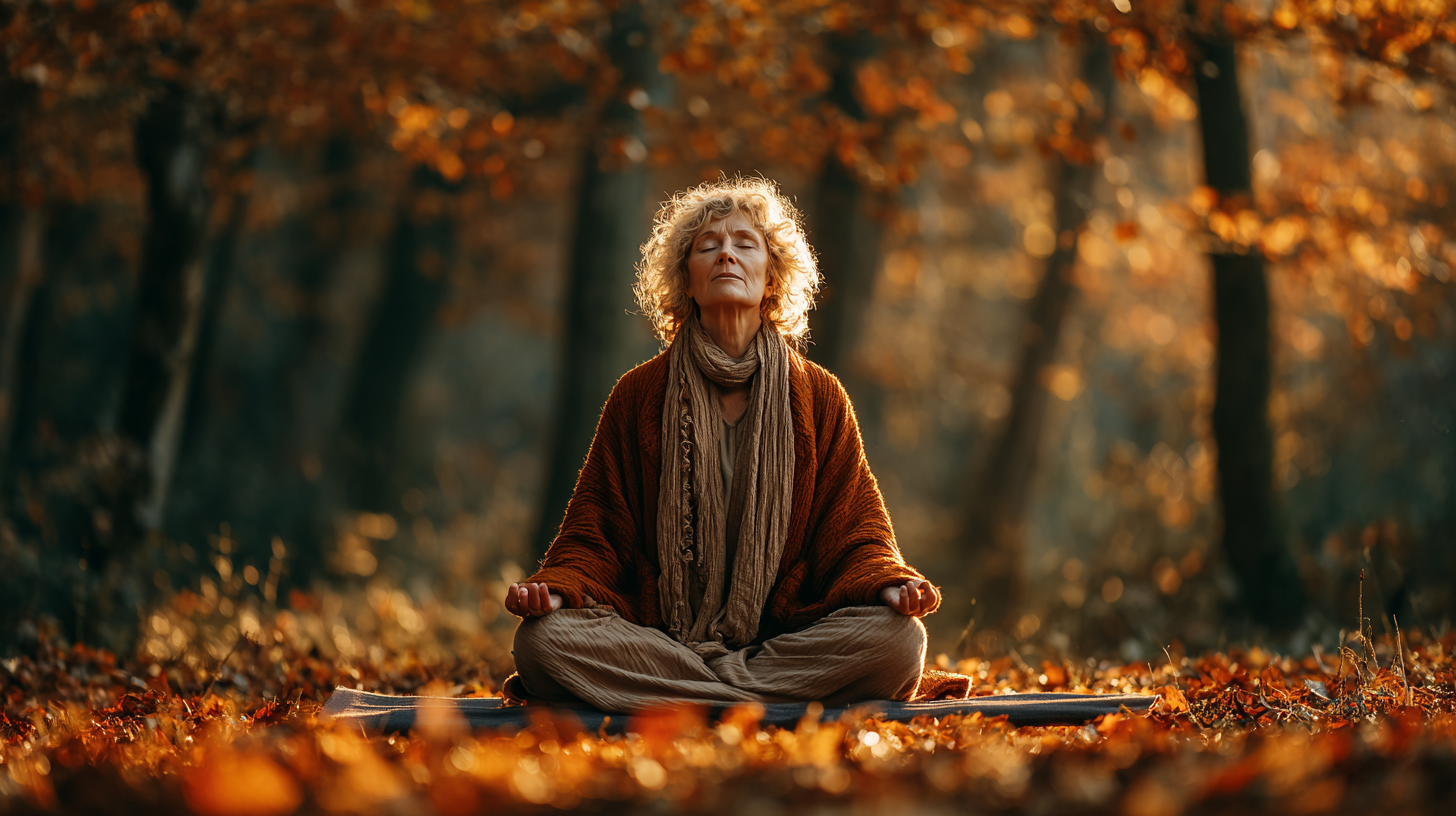 Femeie matură în poziție de meditație, radiind pace și echilibru interior prin practica yoga